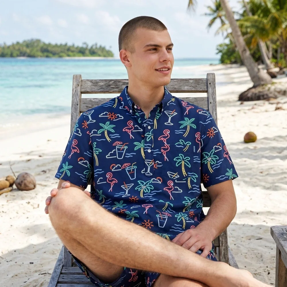 Chubbies Mens Large Neon Flamingo Palm Tree Tropical Navy Short Sleeve Shirt‎ L